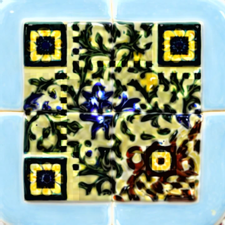 Blue Tile Bistro: an AI art QR code in the Tile mosaic style
